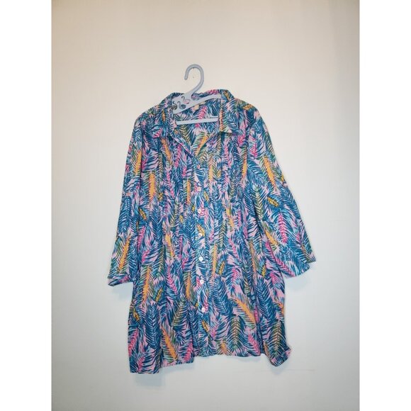 Woman Within Tops - Woman Within Plus 2X Tunic Top Bold Tropical Button Front 100% Cotton Office